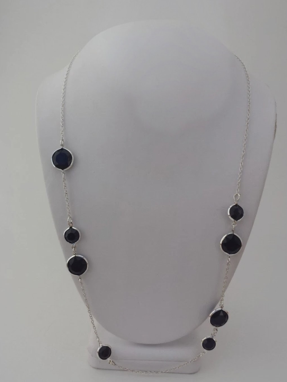 Vintage Avon Silver Long Station Necklace with Onyx Faceted Stones Adjustable